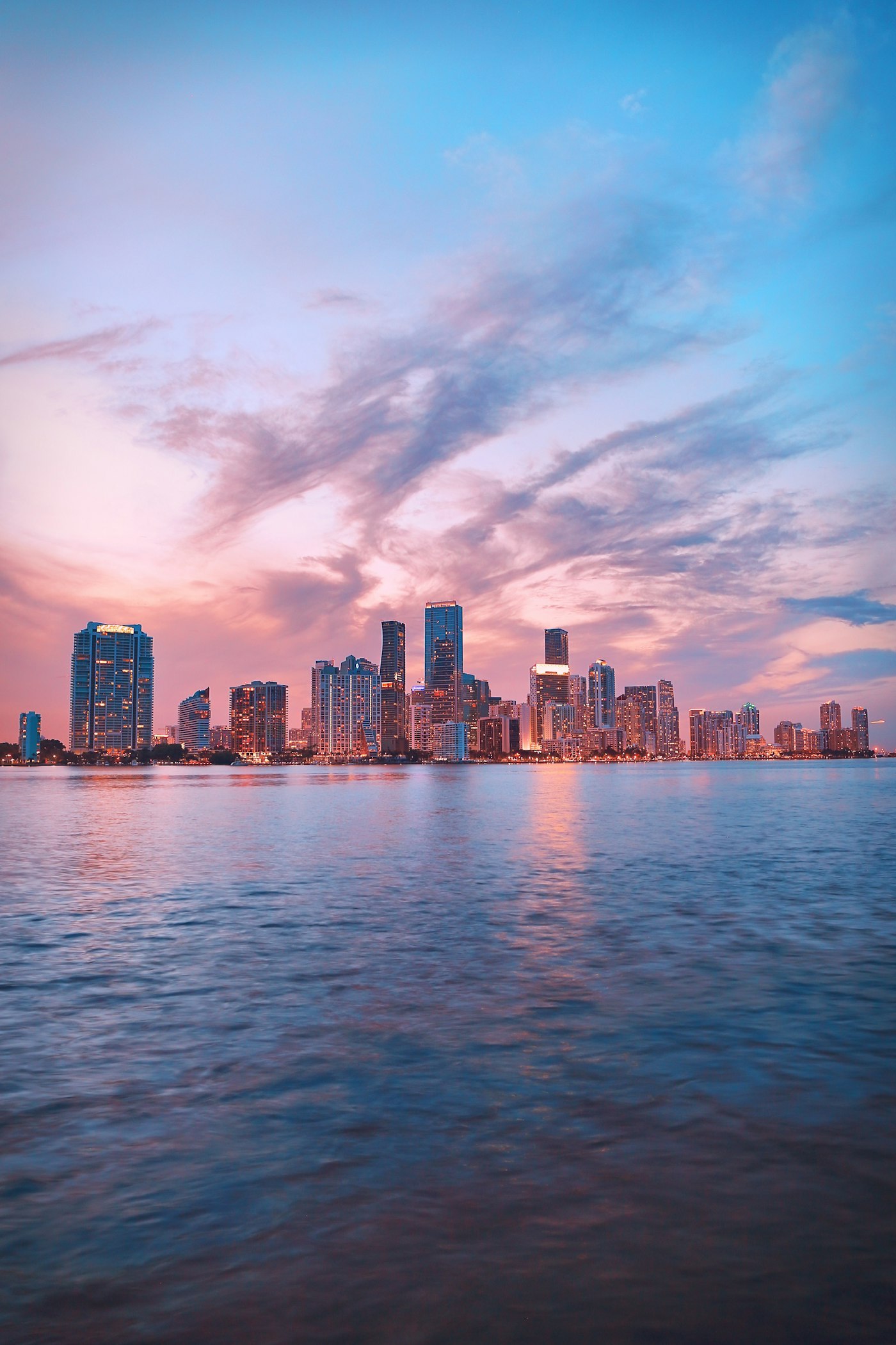 The Miami skyline and beach along the Atlantic at dusk
